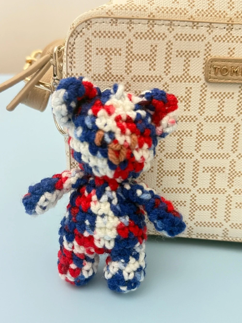 Handmade Crochet Teddy Keychain - Red, Blue & Cream